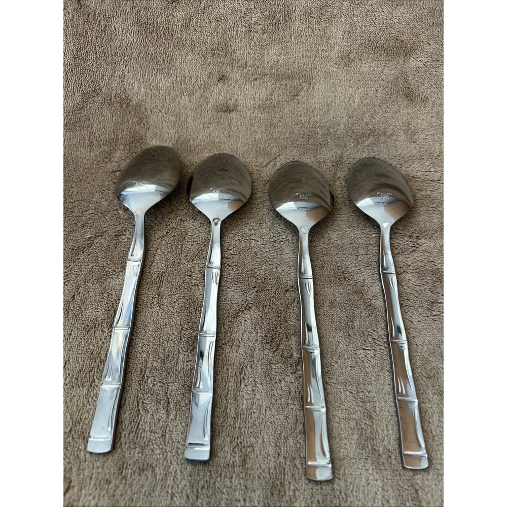 Stainless‎ Steel Japan Oval Soup Spoons Bamboo Pattern Lot Of 4